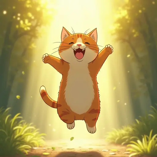 A cat jumping in the sunlight, its wet fur looking particularly joyful, using Studio Ghibli style.