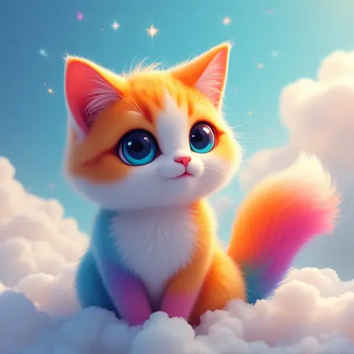 Colorful cat with a rainbow tail, and sparkling eyes, surrounded by soft clouds.