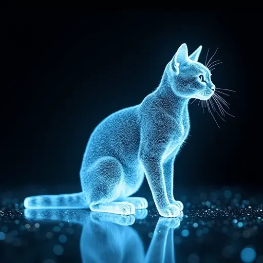 A 3D holographic projection of a cat, with floating data streams and digital distortions, making the cat appear as a hologram.