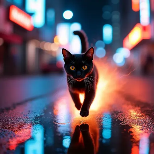 A cat running through a city street at night, leaving behind glowing streaks of light, with neon signs and vibrant reflections in puddles around it.