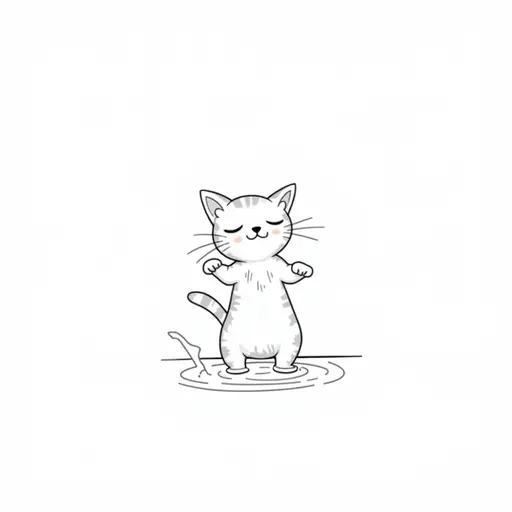 black and white simple line drawing of A bengal cat playfully splashing water with its paws, showing a mischievous expression.