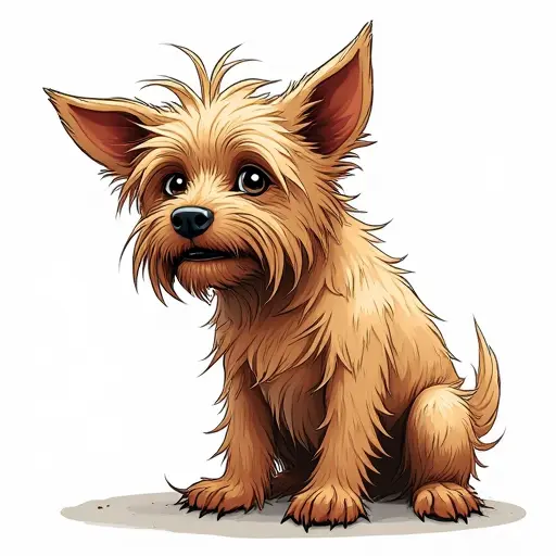 A scruffy dog with tangled fur, drawn with a messy, sketchy style in varying shades of brown.