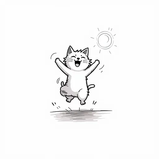 A cat jumping in the sunlight, its wet fur looking particularly joyful, clean black and white hand-drawn outlines.