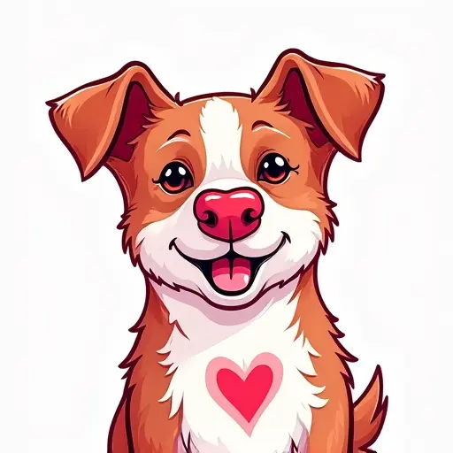 A dog with a love heart-shaped nose, sketched in a fun, cute style with red and pink colors.