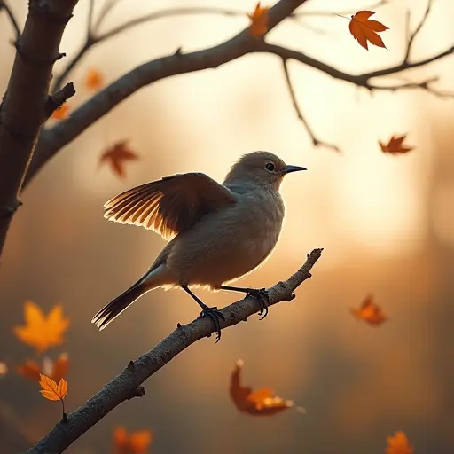 A bird perched on a bare tree branch, surrounded by fluttering autumn leaves, with its wings stretched out ready to take flight, and the sky glowing with the soft light of an autumn afternoon.