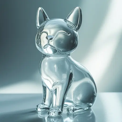 A cat made of clear, translucent glass, with reflections and light passing through it, giving it a delicate, fragile appearance.