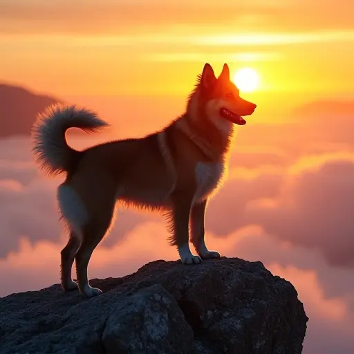 A dog standing triumphantly on a rocky outcrop high above the clouds, its fur ruffled by strong mountain winds under a blazing orange sunrise.