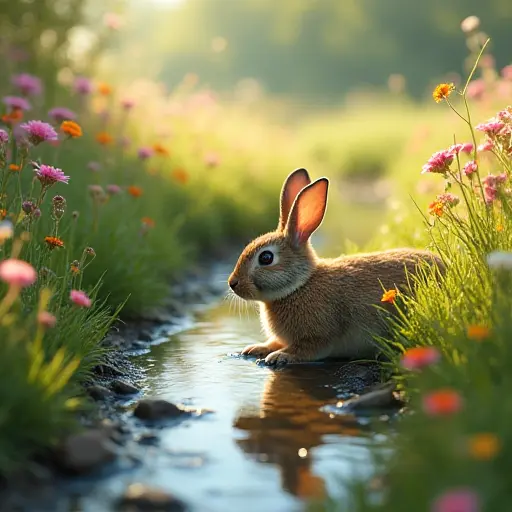 A rabbit resting beside a small stream in a meadow filled with colorful flowers, with sunlight casting playful shadows on the water.