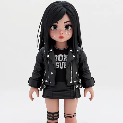 Show off your bold and edgy side with this Roblox avatar! The black-haired girl sports a stylish black biker jacket, sparkling diamond tattoos, and a short skirt, creating a look full of confidence and individuality. Every detail exudes rebellious charm, with a black ribbon and intricate tattoos adding a touch of mystery. This avatar not only stands out with its cool, unique style but also carries a hint of Disney magic, making your Roblox character more captivating. Free to download, grab this 3D cool girl avatar now and showcase your one-of-a-kind charm!