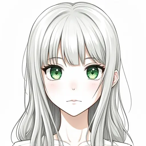 A girl with striking green eyes and long hair, sketched in clean lines with subtle shading.