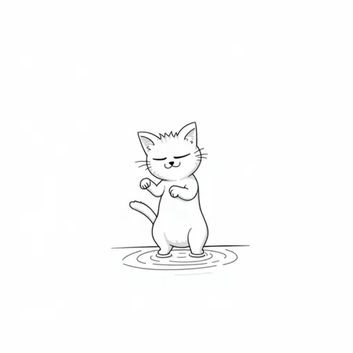 black and white simple line drawing of A abyssinian cat playfully splashing water with its paws, showing a mischievous expression.