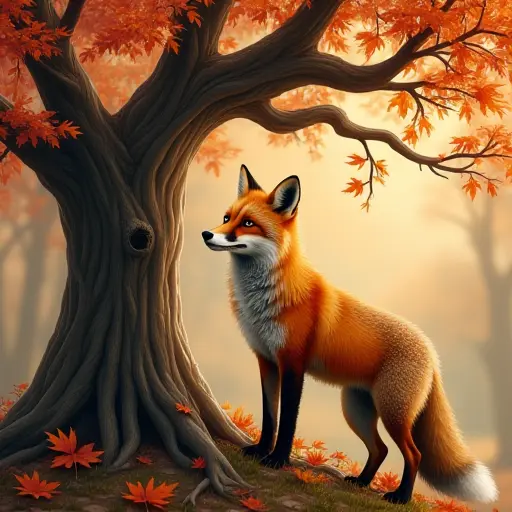 A fox standing beneath an old, twisted tree, with autumn leaves scattered on the ground and a few still hanging from the branches, the fox's fur blending with the orange and red tones of the forest.