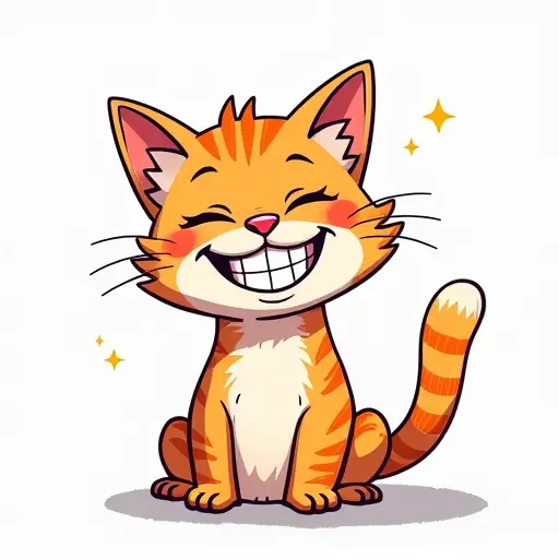 A cat with a big, wide grin, sketched in simple lines with bright colors and a joyful vibe.