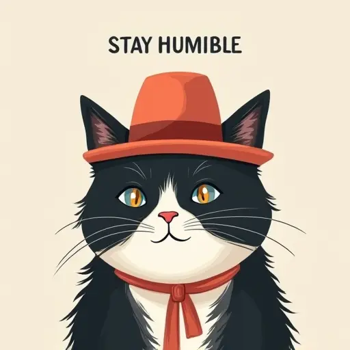 cat, hat, slogan Stay Humble, minimalist style