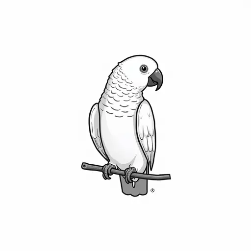 black and white simple line drawing of a african grey parrot