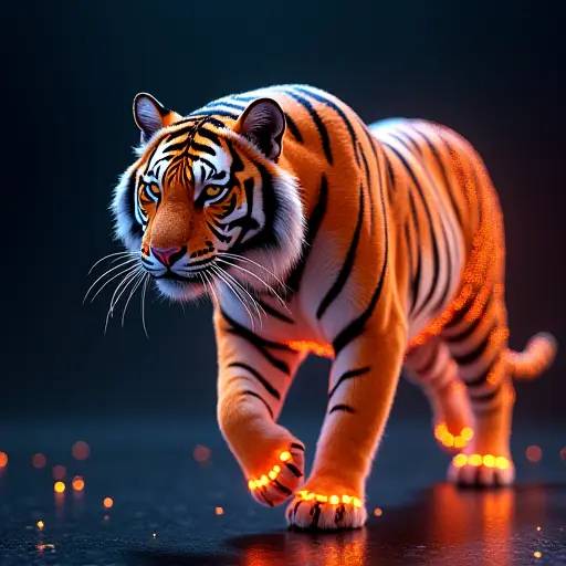 A tiger avatar designed with glowing digital stripes, constantly shifting and adapting to its environment like a living algorithm.