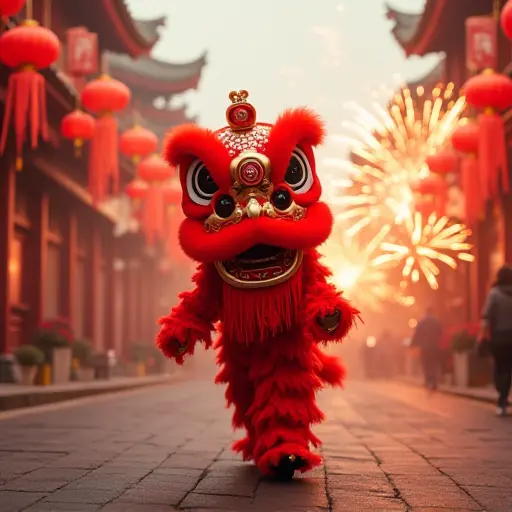 A lion dancing through a festive street, surrounded by red lanterns and exploding firecrackers during Chinese New Year, bringing joy and good fortune to all.