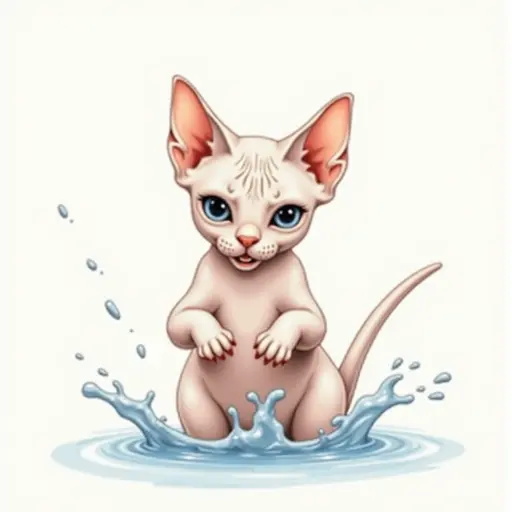 colored pencil drawing of A sphynx cat playfully splashing water with its paws, showing a mischievous expression.