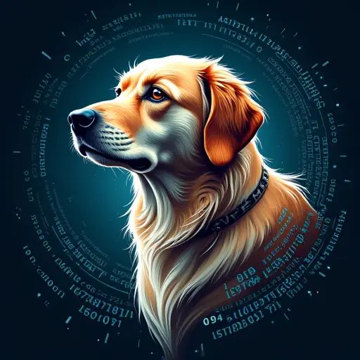 A dog avatar surrounded by flowing streams of binary code, symbolizing the merging of technology and animals.