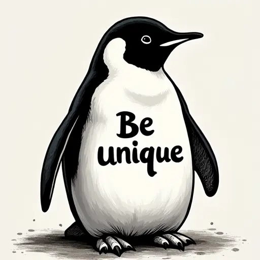 penguin, T-shirt, slogan Be Unique, artistic style