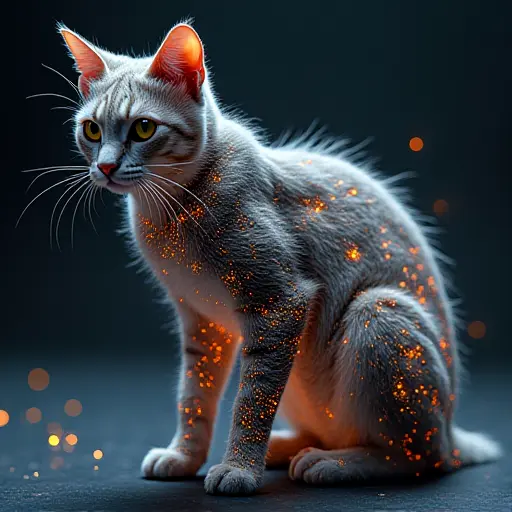 A cat designed with quantum computing elements, such as overlapping quantum states and unpredictable patterns in its body.