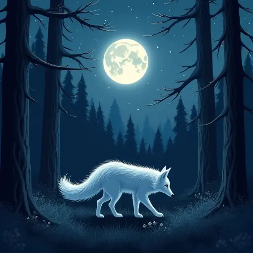 A silver fox walking silently through the forest at night, its fur glowing faintly under the light of a full moon and the stars twinkling overhead.