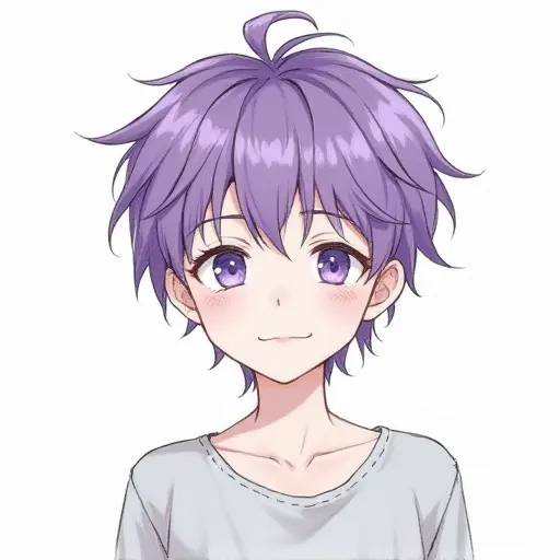 A boy with purple hair and a relaxed expression, sketched with clean pencil lines and light shading.