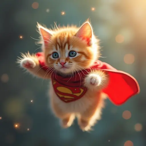 Kitten wearing a tiny cape, flying through the air with sparkling eyes.