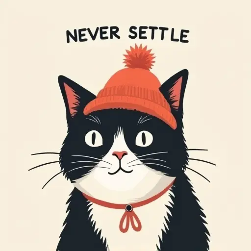 cat, hat, slogan Never Settle, minimalistic style