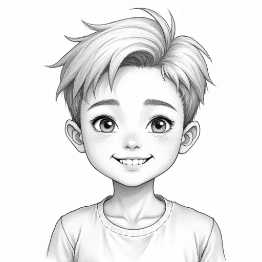 A boy with a bright smile, short hair, and clear skin, sketched with fine pencil lines and soft shading.