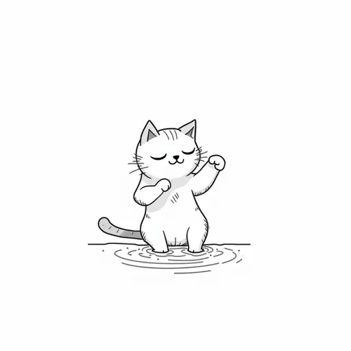 black and white simple line drawing of A birman cat playfully splashing water with its paws, showing a mischievous expression.