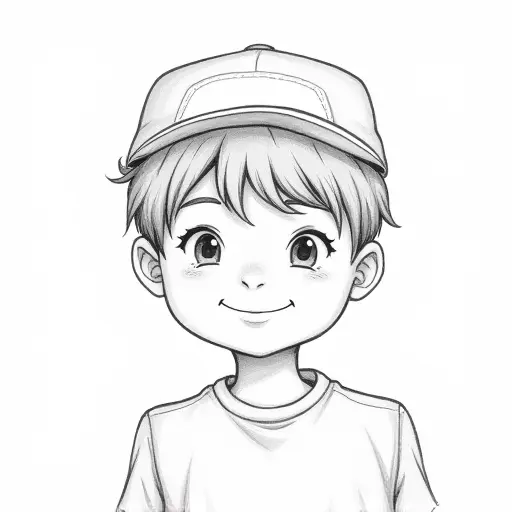 A boy with a cap, smiling, drawn in soft pencil strokes with minimal details for a relaxed look.