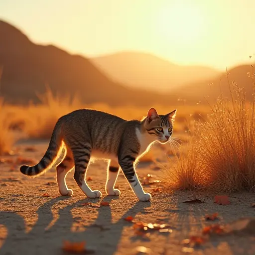 A solitary cat walking through the desert, surrounded by patches of fox tail grass, with the bright sun casting long shadows and the dry landscape scattered with autumn leaves.