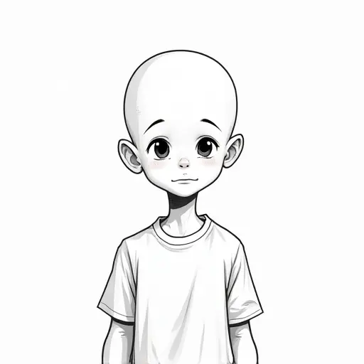 A young boy with a bald head, drawn with bold, minimal lines and subtle shading for depth.