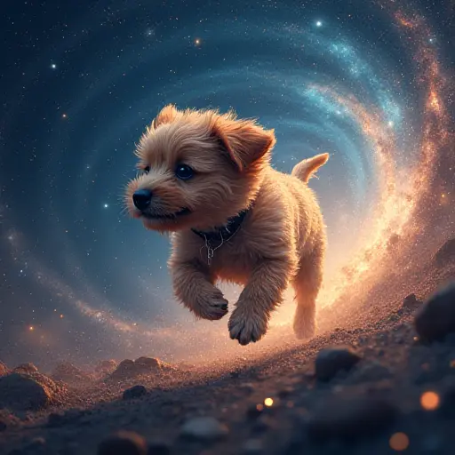 A dog running through a swirling galaxy, its body shimmering with stardust and constellations blending into its fur.