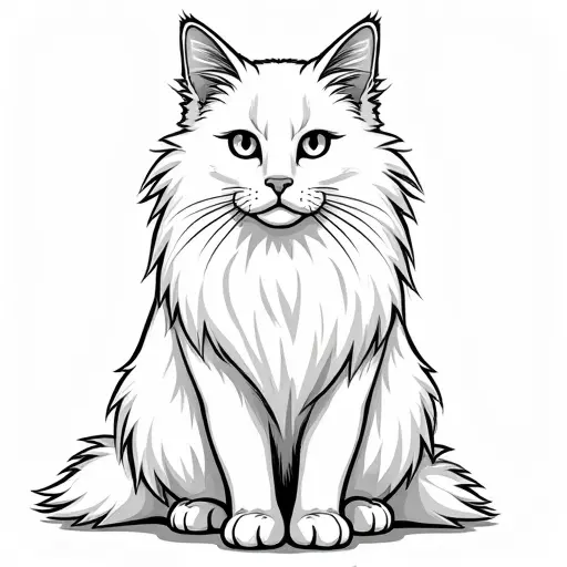 black and white simple line drawing of a british longhair from the front view