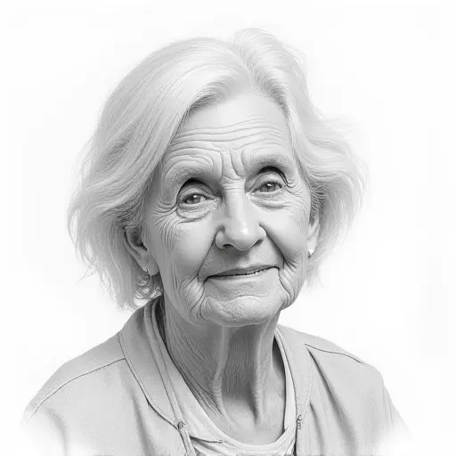 An elderly woman with white hair, drawn in fine pencil strokes with soft shading for a gentle look.