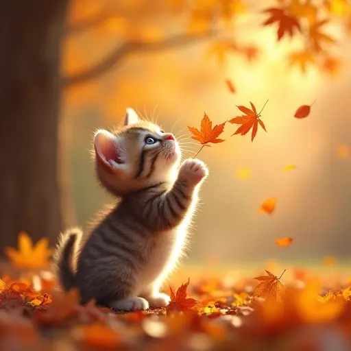 A kitten playing with a flower petal as it drifts down from a tree, surrounded by a shower of colorful autumn leaves, creating a dreamy and peaceful fall scene.