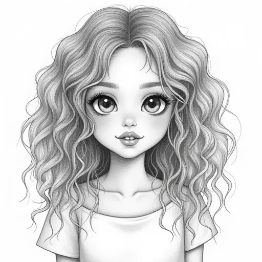 A girl with curly hair, drawn in fine lines with soft, blended pencil strokes for volume.