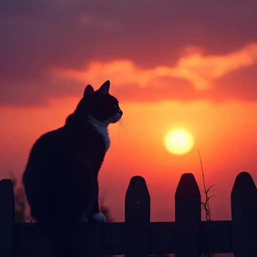 A cat sitting on a fence, watching the sunset with vibrant orange and purple skies, silhouetted against the horizon.