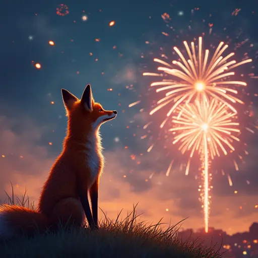 A curious fox looking at the colorful fireworks in the sky, with the sound of firecrackers popping in the distance as it celebrates the arrival of the New Year with excitement.