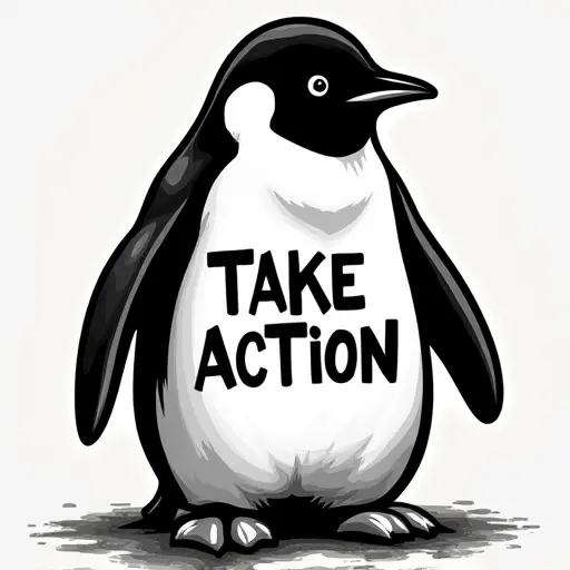 penguin, T-shirt, slogan Take Action, bold style