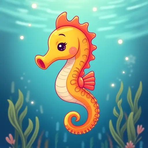 Cute seahorse with curled tail, vibrant colors, and a calm expression in the sea.