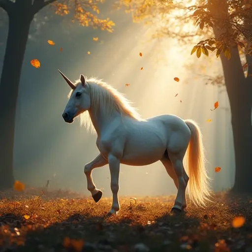 A unicorn standing in a misty forest filled with magical light, its mane flowing gently in the breeze, with sparkling autumn leaves drifting around it, creating an ethereal atmosphere.