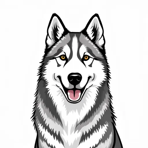 clean black and white hand-drawn outlines of a siberian husky from the front view