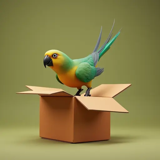 8k hyper real octane render blender of The small Parrot dives headfirst into the box, its tail swishing gently as it explores the surroundings.