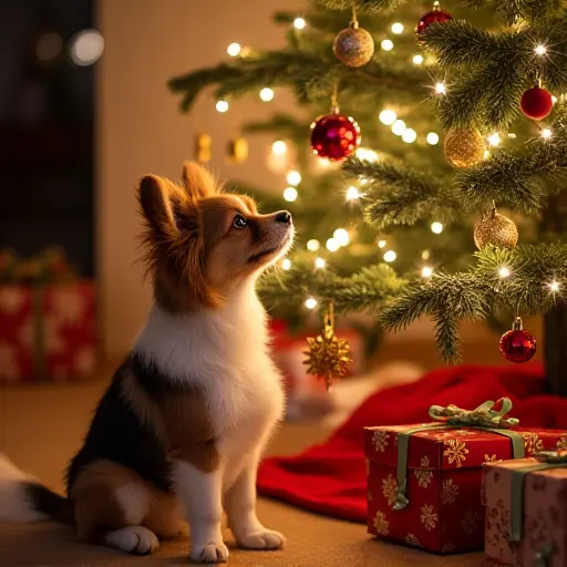 A small dog sitting beside a beautifully decorated Christmas tree, gazing at the twinkling lights and ornaments, surrounded by festive gifts and holiday cheer.