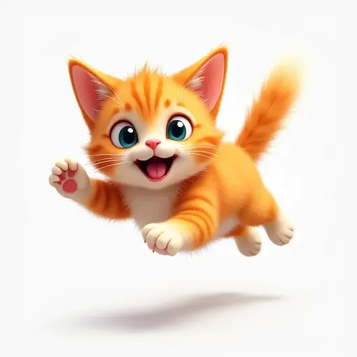 Energetic cat jumping in the air, with playful eyes and a fluffy tail trailing behind.