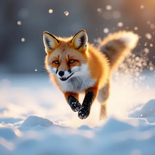 A fox playfully leaping through a snowy field, leaving a flurry of sparkling snowflakes in its wake under a sunny winter sky.