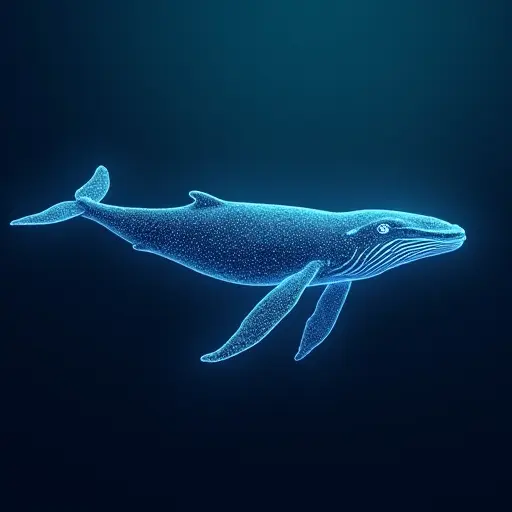 A whale swimming in a digital ocean, with its body formed of light data streams and abstract geometric shapes.